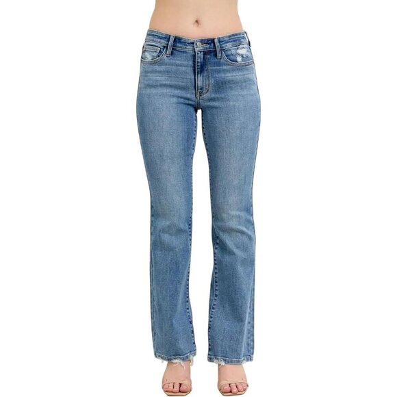Women's Vintage Wash Destroyed Hem Bootcut Jeans Mid-Rise Comfortable Style